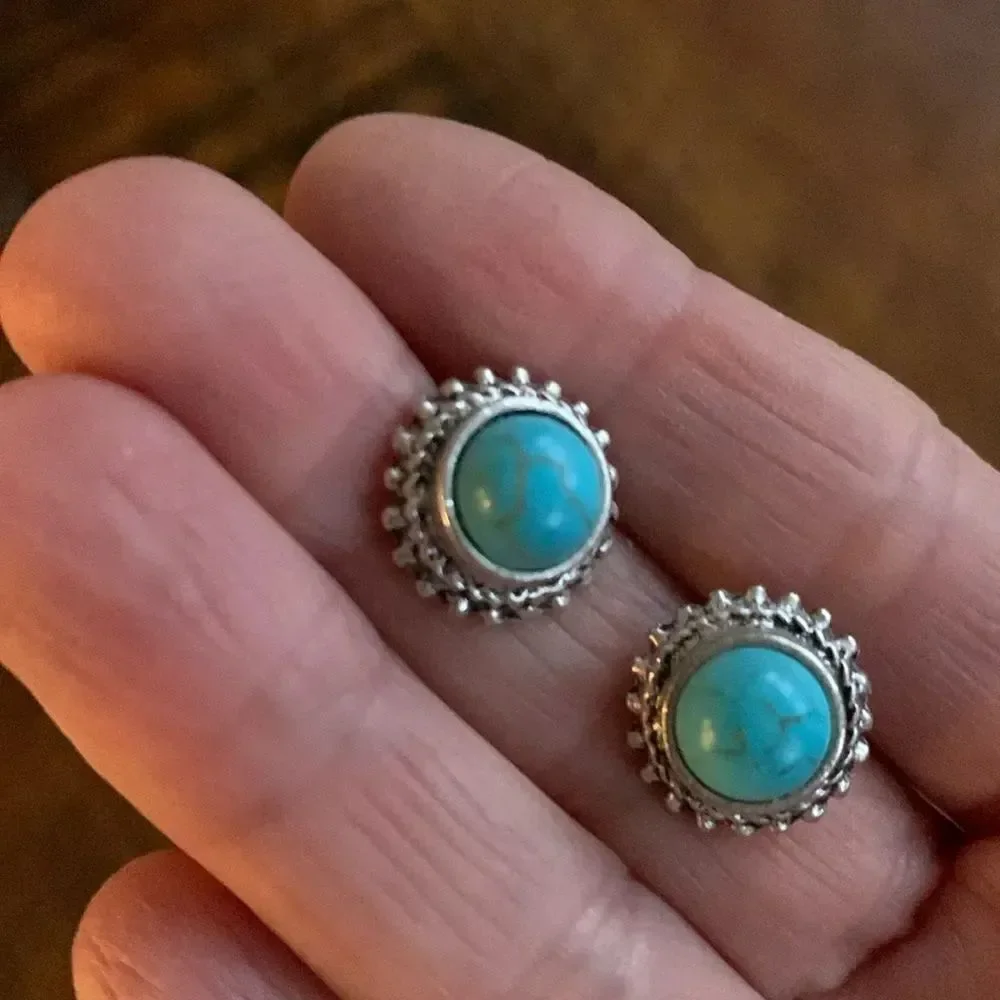 Men’s Western Turquoise Stud Earrings Southwest Indian Style Boho Ethnic Tribal